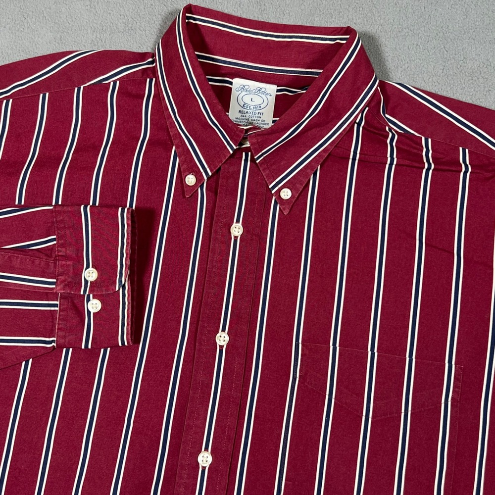 Brooks Brothers Shirt Mens L Relaxed Fit Burgundy White Blue Striped Button Down